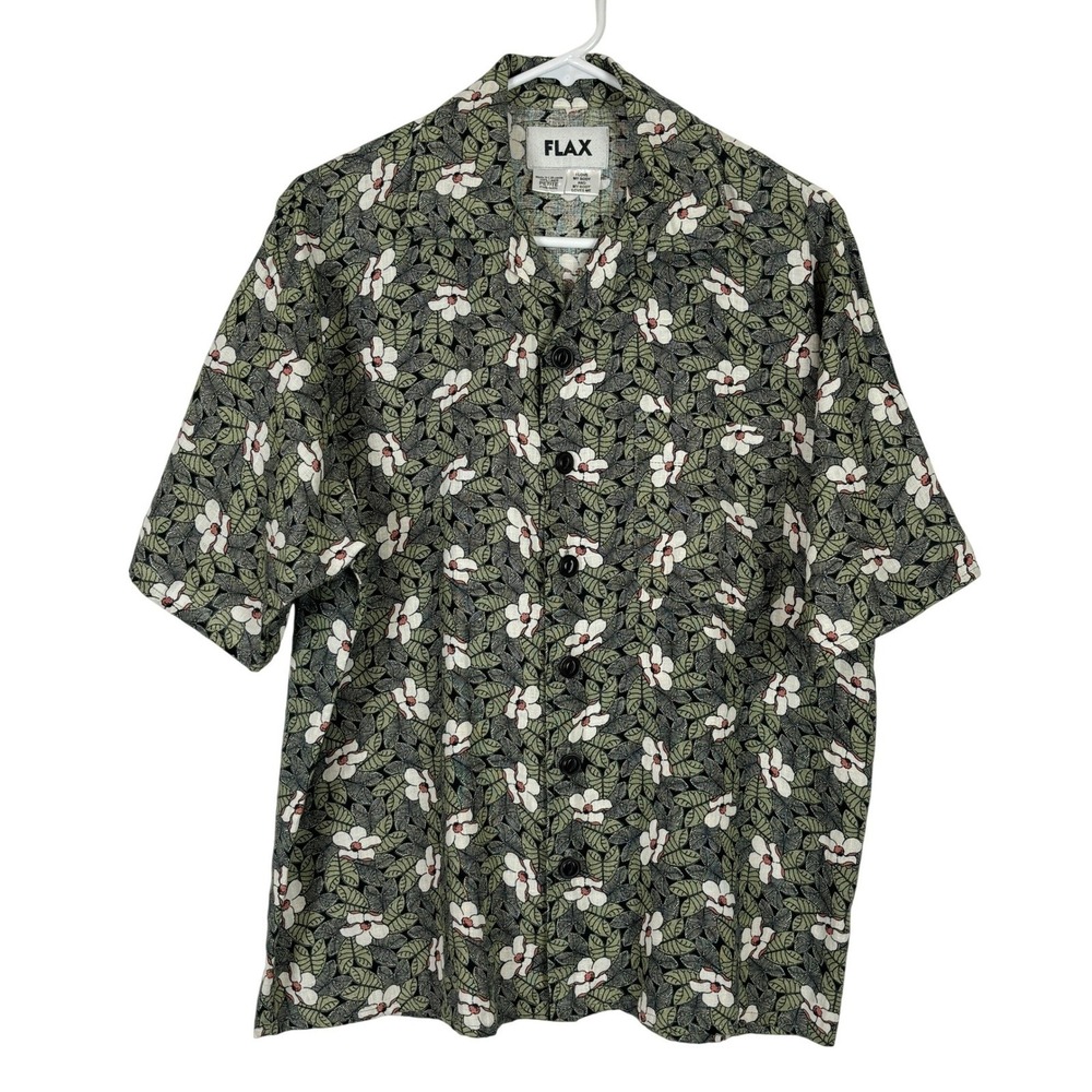 FLAX Linen Floral Button Down Shirt Petite Green Coastal Boho Lagenlook Women XL